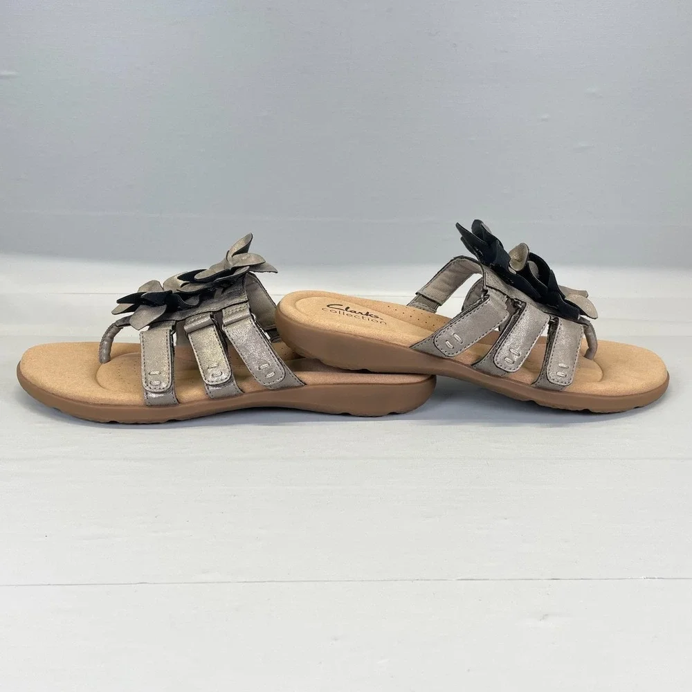 Clarks Elizabelle Mae Sandals Womens Size 9 M Pewter Metallic Shoes Thong Slides